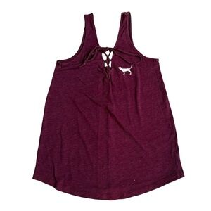 PINK Victoria's Secret maroon tank top with lace up front, white dog logo, XS.